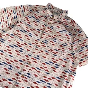 Duluth Trading Co Shirt Mens 2XL White Patriotic Fish Short Sleeve Button Up